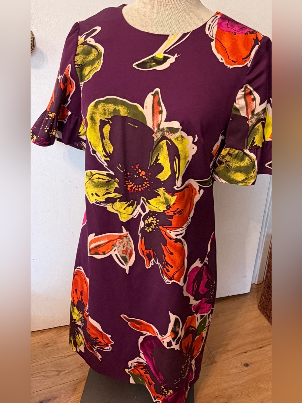 Eye-Catching Trina Turk Plum Mini Dress with Orange, Lime and Pink Floral Print